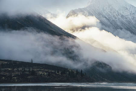 Mountain landscape with lake and silhouettes of coniferous trees on mossy hill with view to high snowy mountain in low clouds in golden sunshine. Layered scenery with shadow and sunlight in mountains.の写真素材