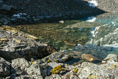 Beautiful scenic landscape with turquoise mountain lake with transparent water and stony bottom....