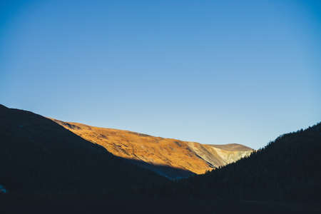 Autumn landscape with dark silhouettes of mountains and vivid beautiful orange mountain top in golden sunlight. Vivid alpine scenery with mountain silhouettes and sunlit gold hill top in autumn colorsの写真素材