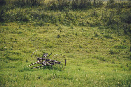 Scenic green landscape with old altaic horse plow with saddle in field among lush grasses. Minimalist vivid green scenery with iron horse old plow on background of grassy hill close up. Rustic plow.の写真素材