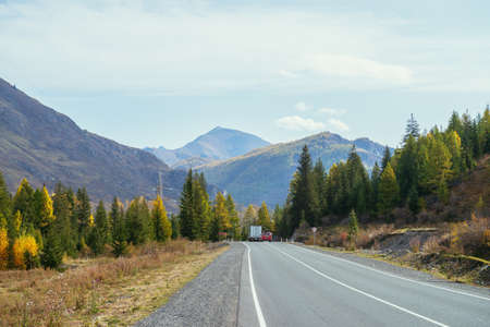 Two cars on mountain highway in autumn landscape with yellow trees in sunny day. Mountain road in autumn colors. Highway in mountains in fall. Russia, Altai Republic, Chuysky tract, 22 September, 2020のeditorial素材