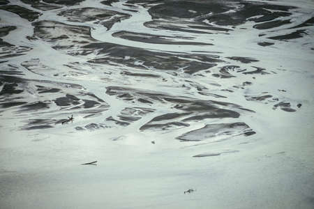 Atmospheric monochrome landscape with many channels near shallow lake. Minimal backdrop of gray water in shoal of mountain lake. Gloomy nature background of gray water surface and many water streams.の写真素材
