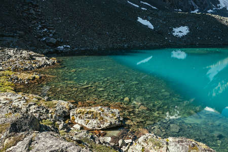 Beautiful scenic landscape with turquoise mountain lake with transparent water and stony bottom. Azure glacial lake with clear water surface in sunlight. White snow and green moss near mountain lake.の写真素材