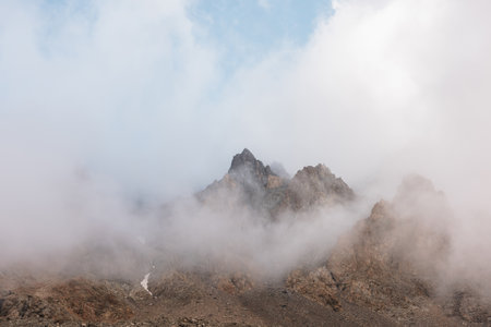 Scenic alpine landscape with rocky mountains in dense low clouds in morning sunlight. Colorful mountain scenery with sharp rocks among thick low clouds. Awesome view to high rockies in low cloudiness.の写真素材