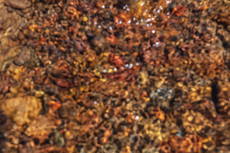 Abstract blur nature background of clear water stream with motley stony bottom in sunlight. Defocused mountain stream texture in bright sun. Blurry pattern of sunlit multicolor stones in spring water.の写真素材