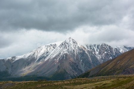 Awesome atmospheric landscape with sunlit high snowy mountain peak in rainy low clouds at changeable weather. Dramatic beautiful view from golden hill to large snow mountain top in low gray cloudy skyの写真素材