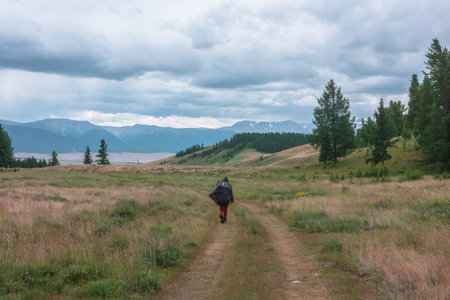 Tourist walks through hills and forest towards bad weather. Hiker on way to large snow mountain range under rainy cloudy sky. Man in raincoat in mountains in overcast. Traveler goes towards adventure.の写真素材