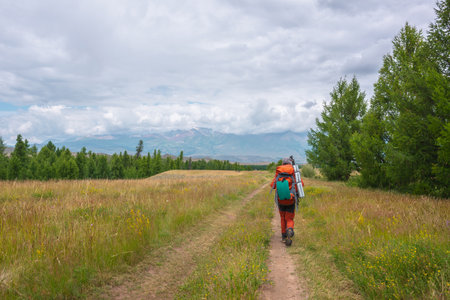 Traveling man in red with big backpack on way to high mountain range in low clouds. Backpacker walks through forest to large mountains under cloudy sky. Dramatic landscape with tourist in mountains.の写真素材