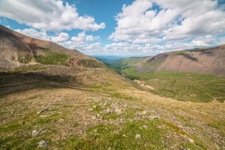 Scenic view from mountain pass to green forest valley among mountain ranges and hills on horizon at changeable weather. Green landscape with sunlit mountain vastness under cumulus clouds in blue sky.の写真素材