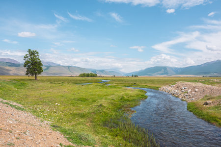 Scenic green landscape with mountain creek in sunlit grassy steppe among mountains under clouds in blue sky at changeable weather. Colorful scenery with mountain brook with clear water in bright sun.の写真素材