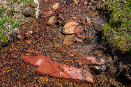 Sharp stone in clear water stream with motley stony bottom in sunlight. Colorful mountain stream with mineral water in bright sun. Picturesque top view to sunlit multicolor stones in spring water.の写真素材