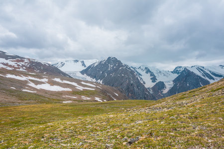 Scenic alpine view from sunlit green grassy hill to high snowy mountain range with sharp tops and glaciers under gray cloudy sky. Colorful landscape with large snow mountains at changeable weather.の写真素材