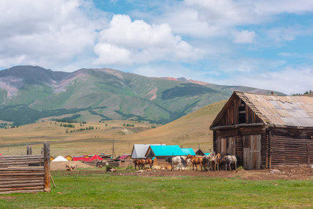 Countryside landscape with herd of horses near wooden barn in mountain village against of houses with multicolor sloping roofs with view to sunlit large mountain range in clouds at changeable weather.の写真素材