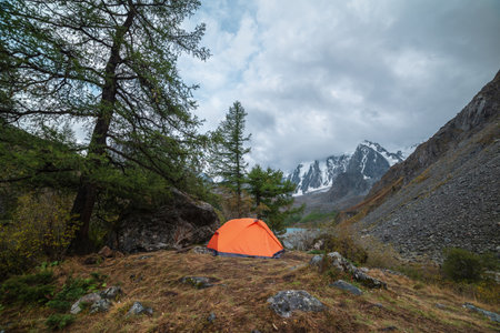 Dramatic landscape with alone orange tent on forest hill among rocks and autumn flora with view to large snowy mountain range under cloudy sky. Lonely tent and fading autumn colors in high mountains.の写真素材