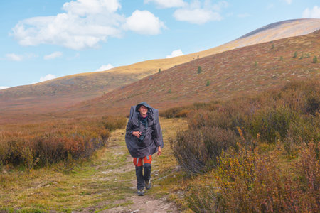 Alone traveler in raincoat with large backpack walks along hiking trail among fading autumn vegetations on high mountain plateau. Backpacker with photo camera in mountain trekking in rainy weather.の写真素材