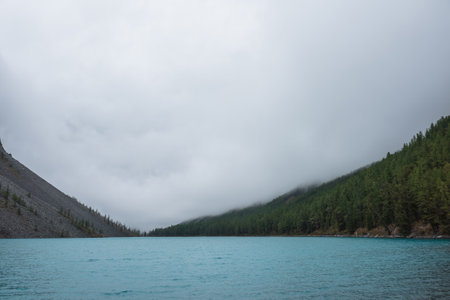 Dramatic meditate landscape with ripples on big azure mountain lake against pointy firs silhouettes in low clouds. Tranquil view to cyan alpine lake and peaked tops of spruces in low cloudy gray sky.の写真素材