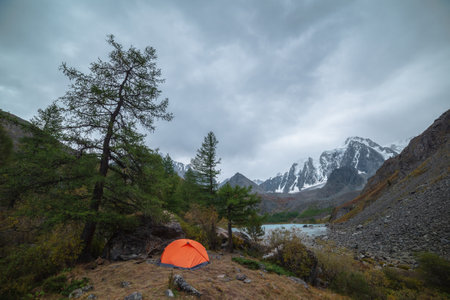 Dramatic landscape with alone orange tent on forest hill among rocks and autumn flora with view to large snowy mountain range under cloudy sky. Lonely tent and fading autumn colors in high mountains.の写真素材