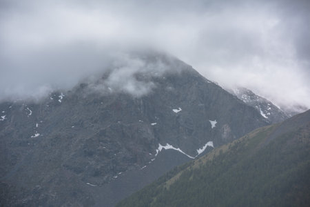 Simple atmospheric rainy landscape with misty forest on mountainside and high mountain among gray low clouds. Bleak overcast scenery with mountain under gray cloudy sky. Gloomy alpine aerial view.の写真素材