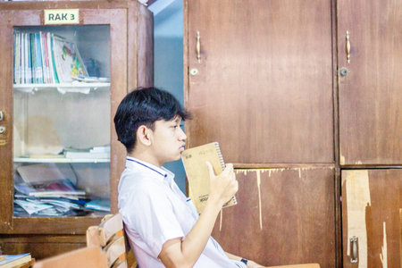 Muntilan, Indonesia - 11 Mar 2026: Pensive young Asian male high school student sitting at a wooden...