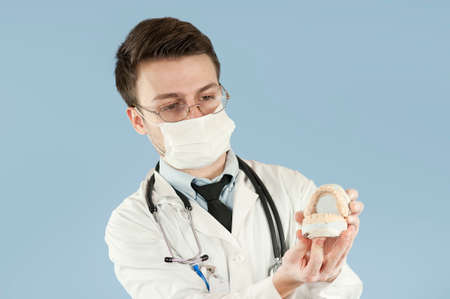 Young male dentist holding a dental jaw model isolated on blue background. Health and medicine conceptの写真素材
