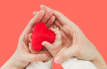 Heart in the hands of a child and mother, isolated on a living coral background. The concept of tenderness, health and loveの写真素材