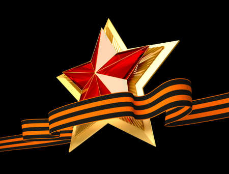 9 May. Victory Day. Red star and ribbon of Saint George 3d. Isolated backgroundの写真素材