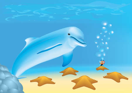 Diver is looking at a dolphin and sea-stars underwaterのイラスト素材