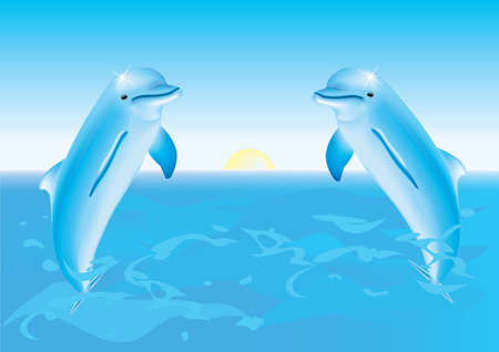 Dolphins jumping from the sea over sunriseのイラスト素材