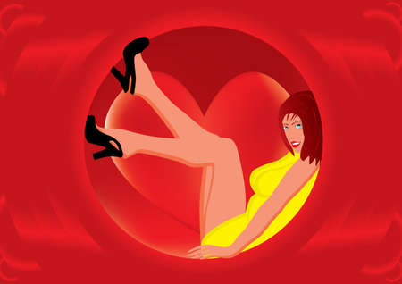 Sexy girl in a round window over heart and red abstract backgroundのイラスト素材