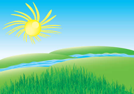 Landscape with green hills with grass, a river between them and funny sun over blue skyのイラスト素材