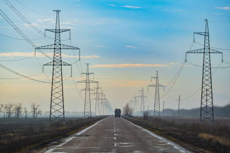 Power lines along the road. High voltage power lines. high quality photo