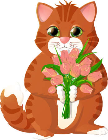 Ginger kitten with pink tulipsのイラスト素材