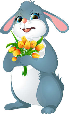 Rabbit with yellow tulipsのイラスト素材