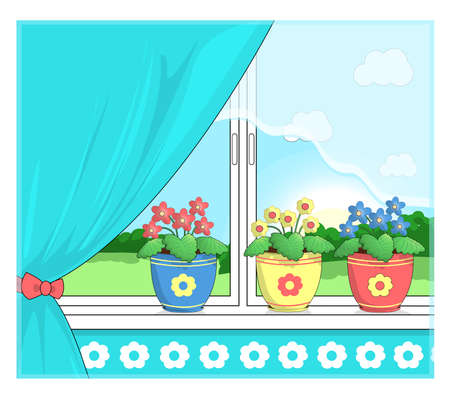 Flowers in pots on the windowsill.のイラスト素材