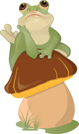 Frog, sitting on a mushroom. Isolated on white backgroundのイラスト素材