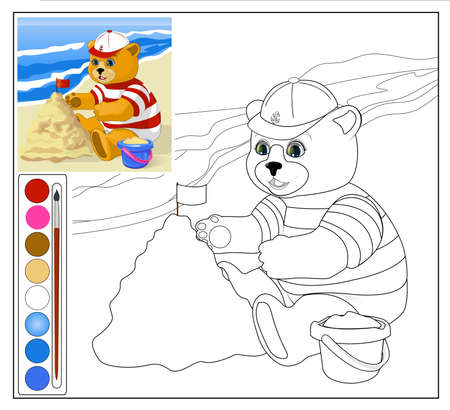 Teddy bear at the beach. Picture-coloring for children.のイラスト素材