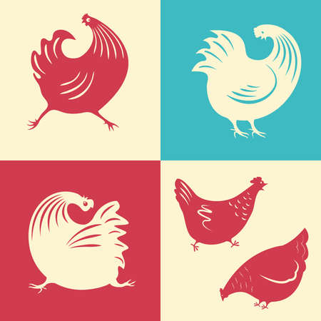 A set of cartoon illustrated rooster silhouettes.のイラスト素材