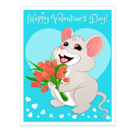 White mouse with red tulips.のイラスト素材