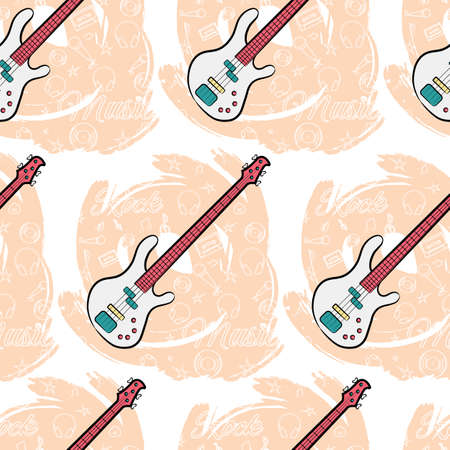 Seamless guitar pattern on an abstract beige background. Stringed instrument. Linear images of a cassette, a mediator, a vinyl, a star. For the design of music stores, rock music festivals. Vectorのイラスト素材