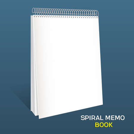 Spiral memo book. Mockup.  Notepad . Empty title cover for inserting your images, template. Standing on the table, open it. Isolated on blue background, vector illustration のイラスト素材