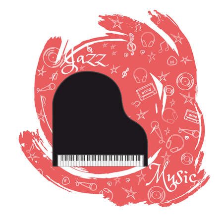 Grand Piano Stringed-keyboard musical instrument. Jazz instruments, on abstract blue background. With additional particles, musical attributes Vector illustration.のイラスト素材