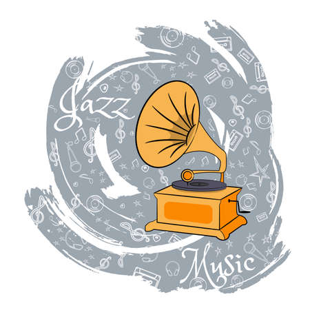 The gramophone. Tool for listening vinyl records. Listen to music. On an abstract gray background with musical particles. Vector illustration.のイラスト素材