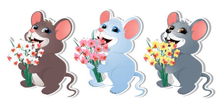 Three mouses holding flowers icon.のイラスト素材
