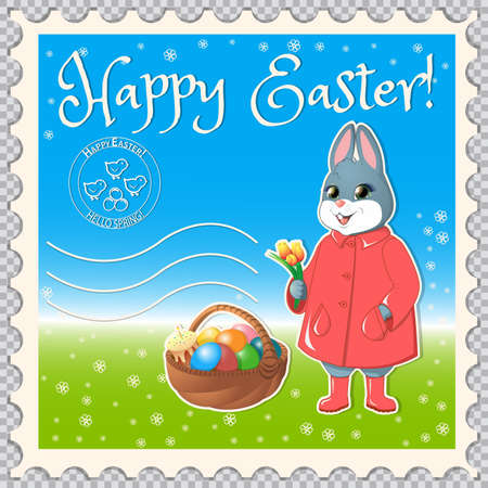 Postage stamp with Easter bunny and basket of eggs.のイラスト素材