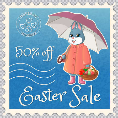 Postage stamp-discount coupon with an Easter bunny with an umbrella, holds a basket with eggs and cake.のイラスト素材