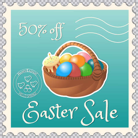 Postage stamp discount coupon with Easter basket on a green background.のイラスト素材