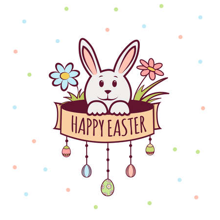 The Easter rabbit looks out of the mink. Painted eggs and spring flowers. Linear pattern in a flat style. On a white background with a pattern of small circles. Vector illustration.のイラスト素材