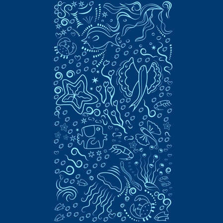 Marine sample of deep-sea fish, algae. Monochrome, frame for banners, advertising of marine products, aquariums. Blue silhouettes on white background. Place under the text. Vector illustrationのイラスト素材