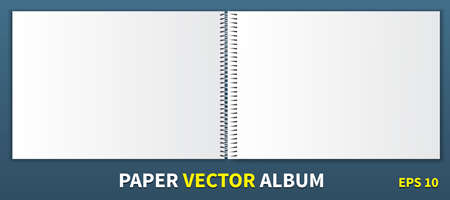 Paper album with a metal spiral in the center. Horizontal Blank Cover for Inserting Images is a template. Lie down on the table, open to both sides. Isolated on blue background, vector.の写真素材