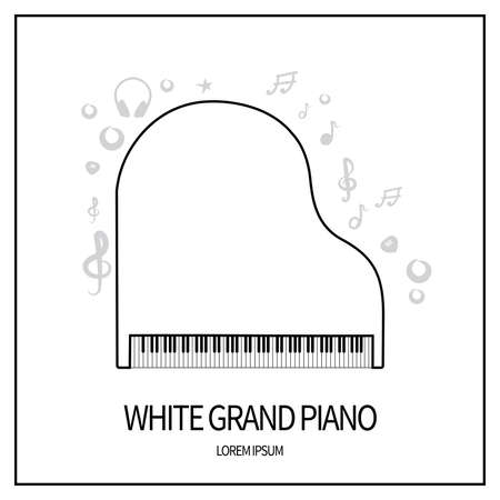 Concert grand piano  white color, keyboards and plucked instruments. Icon isolated on a light background. With elements of a treble clef, a star, headphones, a mediator. Banner with a frame. Vector illustration.のイラスト素材
